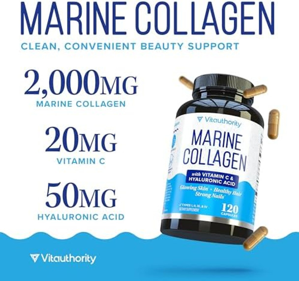 Vitauthority Marine Collagen Capsules Hyaluronic Acid & Vitamin C  2,000Mg Hydrolyzed Fish Collagen Peptides Per Serving  Skin Elasticity, Hydration, Hair, Nail & Joint Support  Pescatarian-Friendly 30 Servings