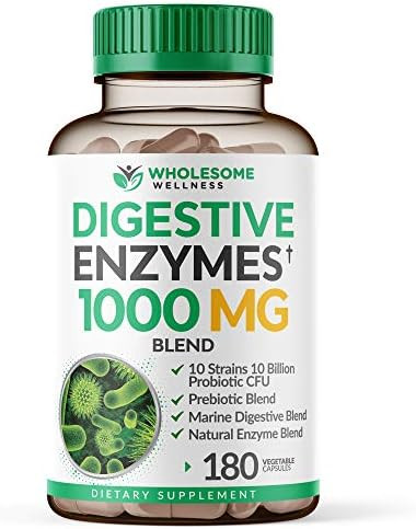 Wholesome Wellness Digestive Enzymes 1000Mg Plus Prebiotics & Probiotics Supplement, 180 Capsules, Organic Plant-Based Vegan Formula For Digestion & Lactose With Amylase & Bromelain,3-6 Months Supply