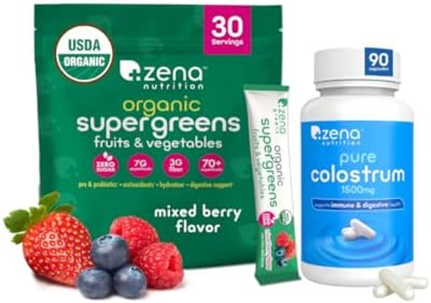 Zena Nutrition Organic Supergreens Greens Powder, 70+ Superfoods, Mixed Berry, 30 Drink Mix Packets + Pure Colostrum Capsules, 1500Mg Supplement, 1 Month Supply, 90 Capsules