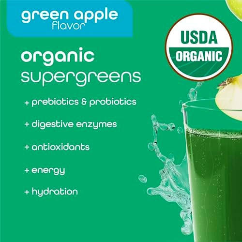 Zena Nutrition Organic Super Greens Energy & Hydration Powder, 70+ Superfoods, 0 Sugar, 5G Fiber, Spirulina, Chlorella, Prebiotics/Probiotics, Natural Caffeine + Electrolytes, 40 Drink Mix Packets