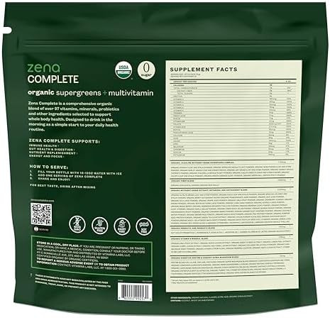 Zena Nutrition Zena Complete Organic Super Greens Powder & Multivitamin, 90+ Supergreens, Fruits, Veggies, Pre & Probiotics, Watermelon Citrus Flavor, 30 Packets + Water Bottle