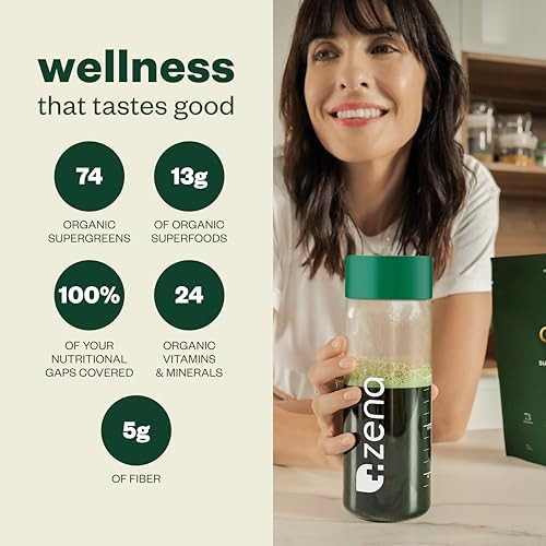 Zena Nutrition Zena Complete Organic Super Greens Powder & Multivitamin, 90+ Supergreens, Fruits, Veggies, Pre & Probiotics, Watermelon Citrus Flavor, 30 Packets + Water Bottle