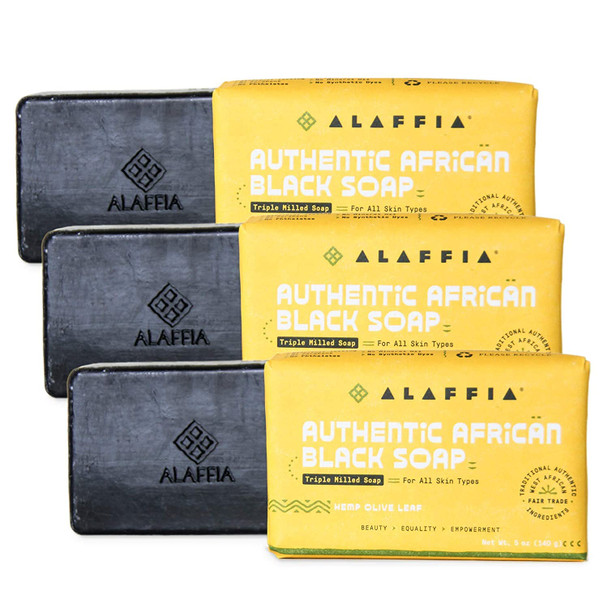 Alaffia Authentic African Black Soap Triple Milled, Long-Lasting and Ultra-Moisturizing Soap Bar, Unscented 5 Oz (Pack of 3)