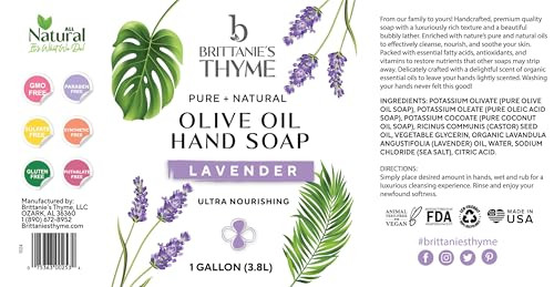 Brittanie's Pure Organic Castile Liquid Olive Oil Soap Refill, Lavender, 1 Gallon Face, Body Wash, Dishes, Pets & Laundry Vegan & Gluten Non-GMO