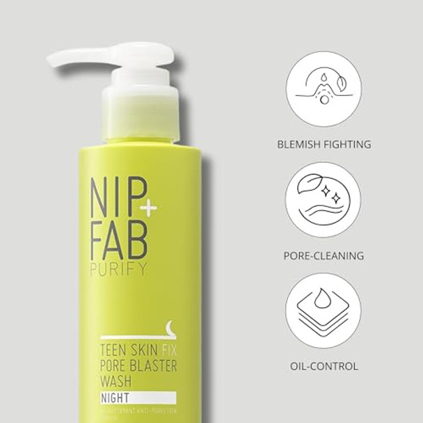 Nip+Fab Teen Skin Fix Pore Blaster Night Face Wash with Salicylic Acid, Wasabi Extract, and Tea Tree Oil Cleansing Purifying Facial Cleanser for Breakouts Acne Prevention and Refining Pores, 4.9 Oz