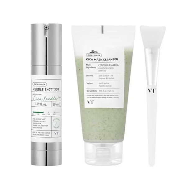 VT COSMETICS Bundle CICA Reedle Shot 300 & CICA Mask Cleanser with Brush, Microneedling Serum, 2-in-1 Clay Mask-to-Foam Facial Wash, Centella Asiatica for Acne-Prone & Sensitive Skin, Korean Skincare