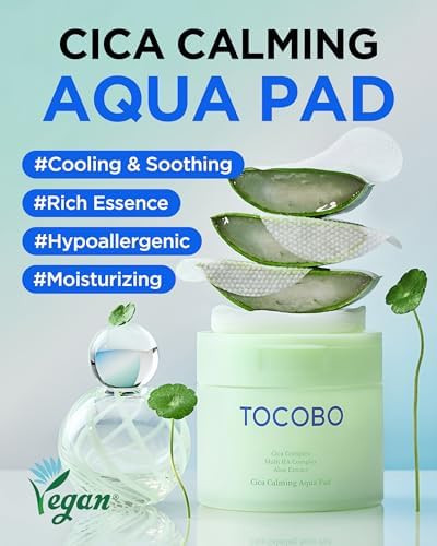 TOCOBO CICA Calming Aqua Toner Pad – Korean Vegan Dual-Sided Toner Pads with Fermented CICA, Aloe & Multi-Hyaluronic Acid – 3-Second Soothing and Cooling Care for Sensitive, Heated Skin, 60 Pads