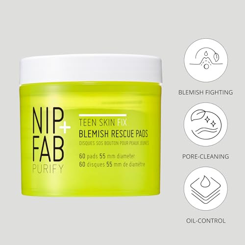 Nip + Fab Teen Skin Fix Zero Breakout Rescue Face Pads with Salicylic Acid, Witch Hazel and Antioxidant Wasabi Extract, BHA Facial Pad for Cleansing Pores Prevent Breakouts Blemishes, 60 Count