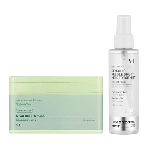VT COSMETICS Bundle CICA Reti-A Daily Mask 30 Sheets & 7% Glycolic Acid Reedle Shot Head-to-Toe Mist