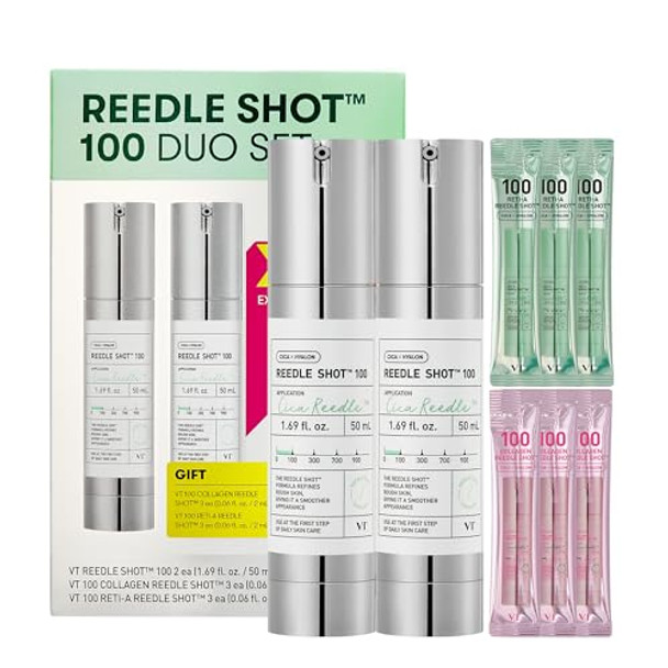 VT COSMETICS Reedle Shot 100 Duo Set with Collagen & Retinol Reedle Shot Pouch () – Exosome Microneedling Serum, Exfoliating, Soft & Glass Skin, Korean Skincare (1.69 fl. oz x2 / 0.06 fl. oz x6)