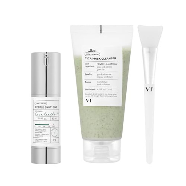 VT COSMETICS Bundle CICA Reedle Shot 700 & CICA Mask Cleanser with Brush, Microneedling Serum, 2-in-1 Clay Mask-to-Foam Cleanser, Centella Asiatica, For Acne-Prone & Sensitive Skin, Korean Skincare