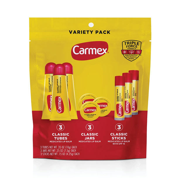 Carmex Classic Medicated Lip Balm Pack, Lip Moisturizer for Chapped Lips, 9-Count Variety Pack Bag (2 Tubes, 7 Sticks)