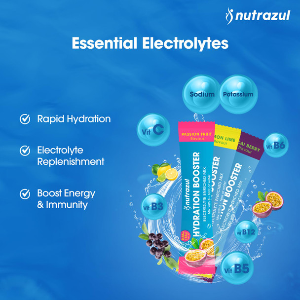 Nutrazul Hydration Booster 30 Sticks Supports Rapid Hydration Electrolyte Enriched Mix No Artificial Sweeteners Lemon Lime Flavour Vegan, Gluten-, Non-Gmo