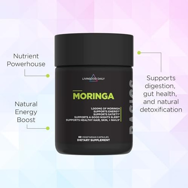 Livingood Daily Moringa Capsules, Moringa Supplement For Energy, Sleep, Satiety, Hair, Skin, Nails & Wellness, Plant Based Vegetarian, Gluten , Non Gmo, Vegan, Daily Greens Superfood, 60 Capsules