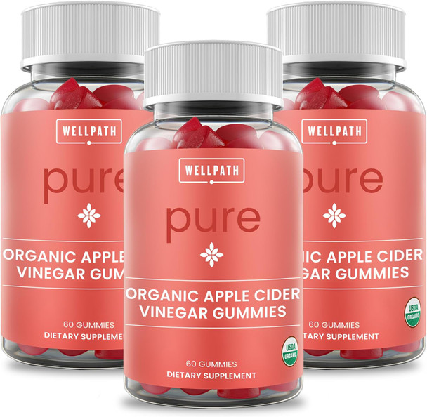 Wellpath Organic Apple Cider Vinegar Gummies With The Mother - Usda Organic Acv Gummies - Ginger & Apple Cider Vinegar With Mother For Gut Health - Vegan, Non-Gmo, 60 Ct