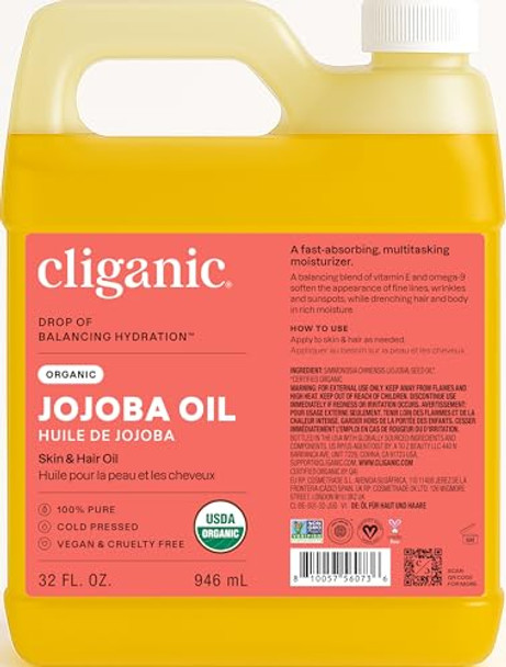 Cliganic Organic Jojoba Oil Bulk 32Oz, 100% Pure, Natural Cold Pressed Unrefined Hexane Oil For Hair & Face