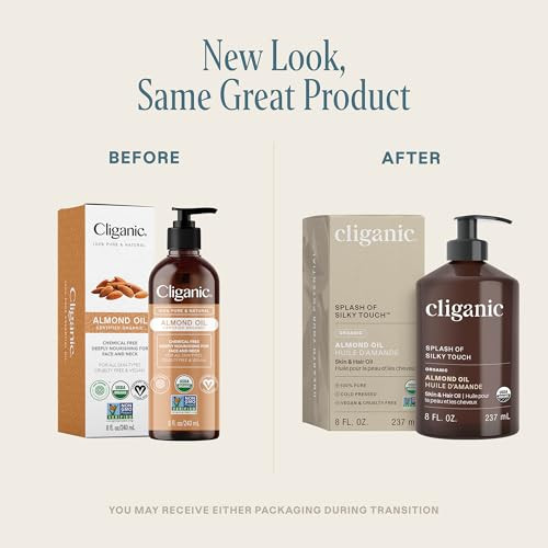 Cliganic Organic Sweet Almond Oil, 100% Pure (8Oz) - For Skin & Hair, Nourishing Carrier Oil For Face & Body (Packaging May Vary)