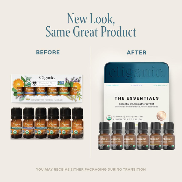 Cliganic Organic Aromatherapy Essential Oils Set (Top 6 - The Essentials), 100% Pure Natural - Peppermint, Lavender, Eucalyptus, Tea Tree, Lemongrass & Orange (Packaging May Vary) Cliganic Organic Aromatherapy Essential Oils Set (Top 6 - The Essentials), 100% Pure Natural - Peppermint, Lavender, Eucalyptus, Tea Tree, Lemongrass & Orange (Packaging May Vary)