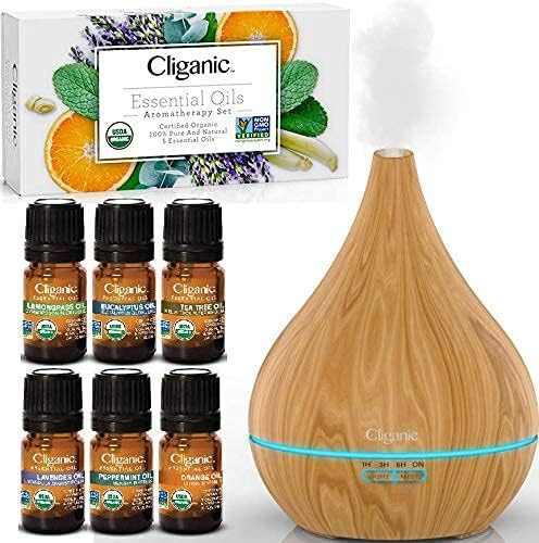 Cliganic Organic Aromatherapy Set (Top 5) With Diffuser