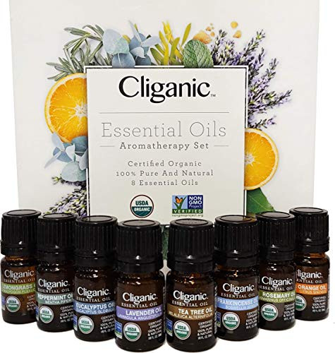 Cliganic Organic Aromatherapy Set (Top 8) With Diffuser