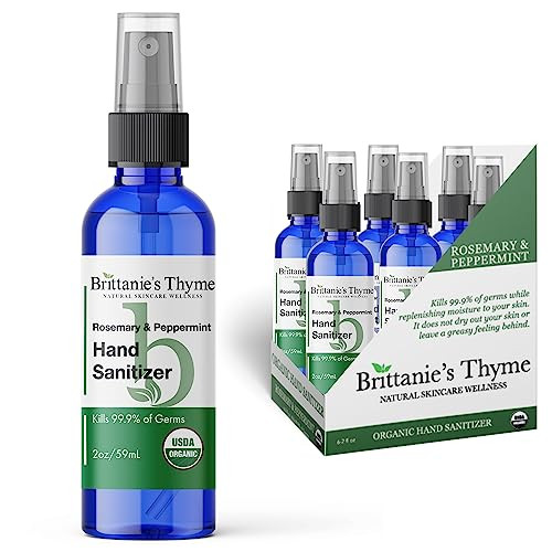 Brittanie'S Thyme Organic Travel Hand Sanitizer Spray, Rosemary & Peppermint 2Oz 6 Count Vitamin E Aloe Moisturizing Non Greasy & Replenishes Moisture & Nourishes Skin