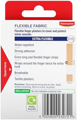 Elastoplast Extra Flexible Finger Strip Plasters (16 Pieces), Flexible And Durable Plasters For Fingers, Stretchy Fabric Plasters, Plasters Waterproof