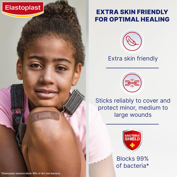 Elastoplast Sensitive Hypoallergenic Dark Skin Tone Plasters (20 Pieces), Painless Removal, Breathable Fabric, 19G, Large, 1 Count