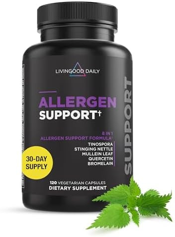 Livingood Daily Allergen Support, Natural Allergy Supplement With Vitamin C, Quercetin, Nettle Leaf, Zinc, Bromelain & Tinospora, Non Gmo, Vegan, Immune Support Formula, 120 Vegetarian Capsules