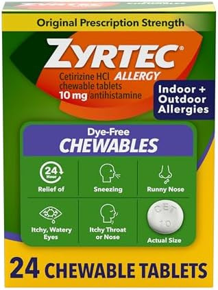 Zyrtec 24 Hour Allergy Relief Chewable Tablets, 10 Mg Cetirizine Hydrochloride Antihistamine, Dye- Allergy Medicine For Runny Nose, Sneezing, Itchy, Watery Eyes, Indoor & Outdoor Allergies, 24 Ct