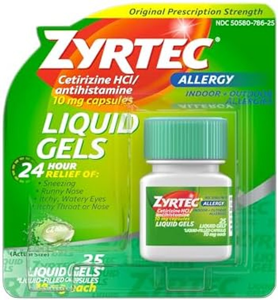 Zyrtec 24 Hr Indoor/Outdoor Allergy Relief Liquid Gels Capsules, Cetirizine Hci Antihistamine, 25 Ct Zyrtec 24 Hr Indoor/Outdoor Allergy Relief Liquid Gels Capsules, Cetirizine Hci Antihistamine, 25 Ct