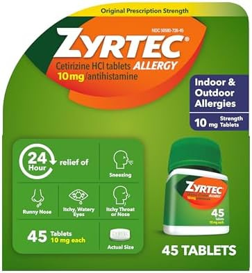 Zyrtec 24 Hour Allergy Relief Tablets, Indoor & Outdoor Anti Allergy Medicine With 10 Mg Cetirizine Hcl Per Antihistamine Tablet, Relief From Runny Nose, Sneezing, Itchy Eyes & More, 45 Ct
