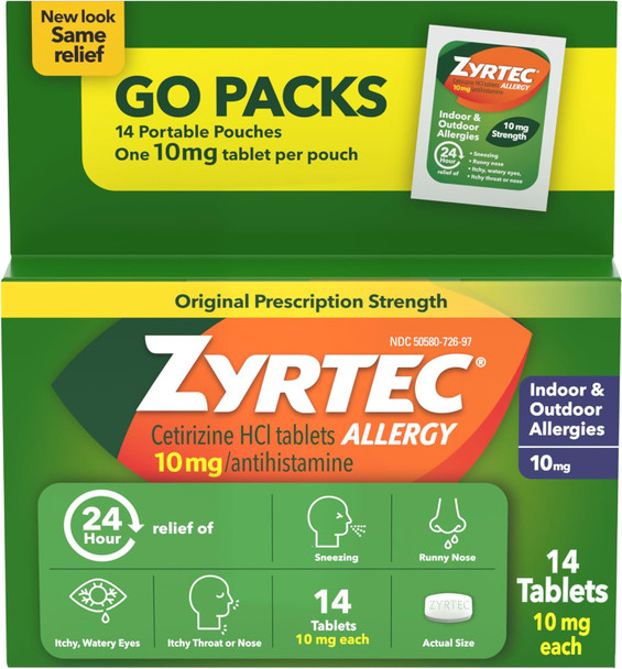 Zyrtec 24 Hour Allergy Relief Tablets, Antihistamine Indoor & Outdoor Anti Allergy Medicine + Cetirizine Hcl, Relief From Runny Nose, Sneezing, & Itchy Eyes, Single Packs, 14 X 1 Ct Packets
