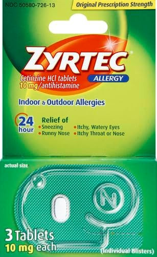 Zyrtec 24 Hour Allergy Relief Tablets, 10 Mg Cetirizine Hcl Antihistamine, Travel Size, 3 Ct