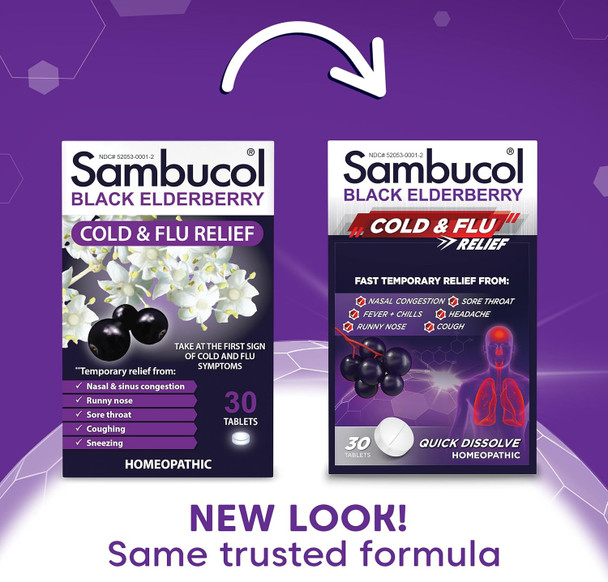 Sambucol Cold And Flu Relief Tablets - Homeopathic Cold Medicine, Nasal & Sinus Congestion Relief, Use For Runny Nose, Coughing, Cold Remedy For Adults - Black Elderberry, 30 Count, 2-Pack
