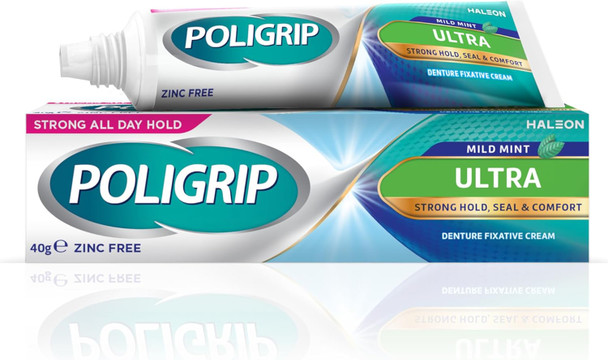 Poligrip Denture Adhesive Cream, False Teeth And Partials Fixative, Ultra, 40 G