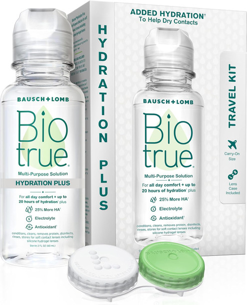 Biotrue Hydration Plus Contact Lens Solution With Lens Case, Multi-Purpose Solution For Soft Lenses, Hydrates With Hyaluronan, Cleans, Clears, And Disinfects For All-Day Comfort, 2 Fl Oz (Pack Of 2)