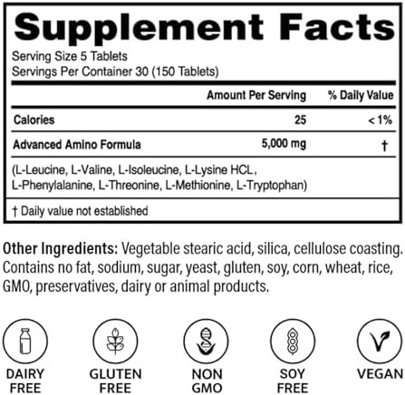 – Advanced Amino Formula Tablets, Amino Acid Supplement, Build Muscle, Post Workout Recovery, Energy, Stamina, Non-Gmo, Gluten , Dairy , Vegan (150 Tablets)