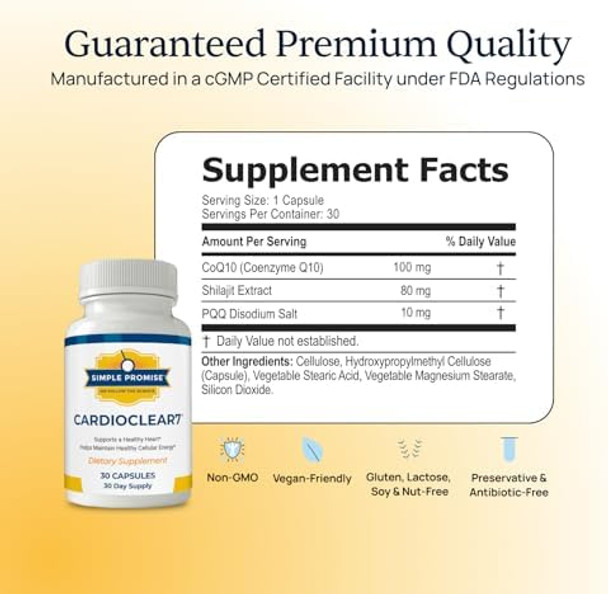 Simple Promise Cardioclear7 - Coenzyme Q10 (Coq10) 100Mg And Pqq 10Mg Heart Health Supplement With Shilajit - Supports Circulation, Cellular Energy & Cardiovascular Health - 30 Capsules