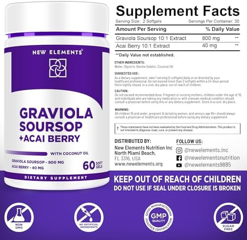 Elements Premium Graviola Soursop Extract 800Mg With Acai Berry 40Mg Powerful Antioxidant Support For Immune Health, Cellular Function & Mood Regulation Non-Gmo, Gluten-, Sugar- Softgels