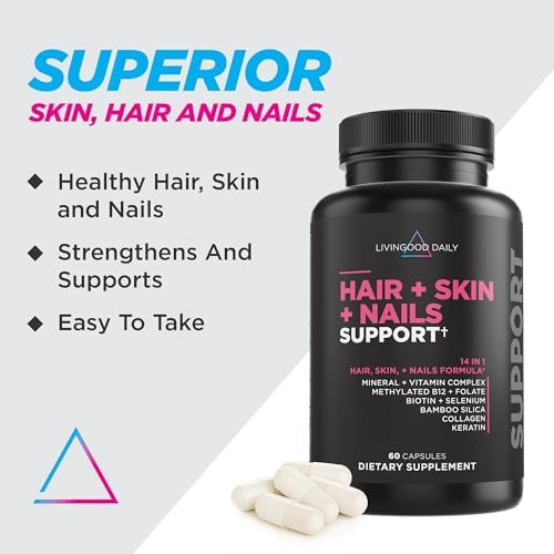 Livingood Daily Hair, Skin & Nails Supplement, 14-In-1 Formula With Biotin, Collagen, Keratin, Bamboo, Selenium, Folate, B12, Zinc And More, Beauty Supplement For Women & Men, Gluten , 60 Capsules