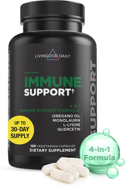 Livingood Daily Immune Support Supplement, 4-In-1 Formula With Oregano Oil, Monolaurin, L Lysine & Quercetin, Gut & Digestive Health, Gluten , Vegan, Non Gmo, Allergen , 120 Capsules