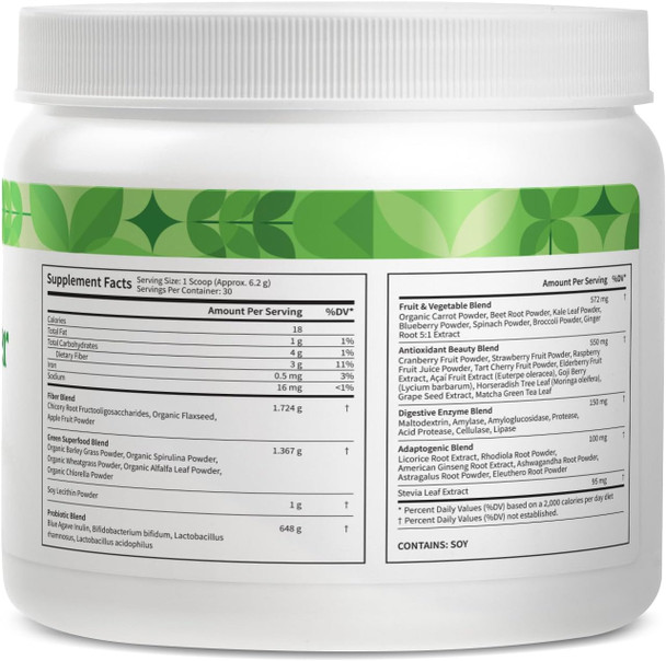 Pattern Wellness Greens Powder Superfood - Complete With Antioxidant, Digestive Enzyme, Fiber, Probiotic, & Adaptogen Blends - Gut, Digestion, & Immune System - 30 Servings - 9.0 Oz (Orange Flavor)