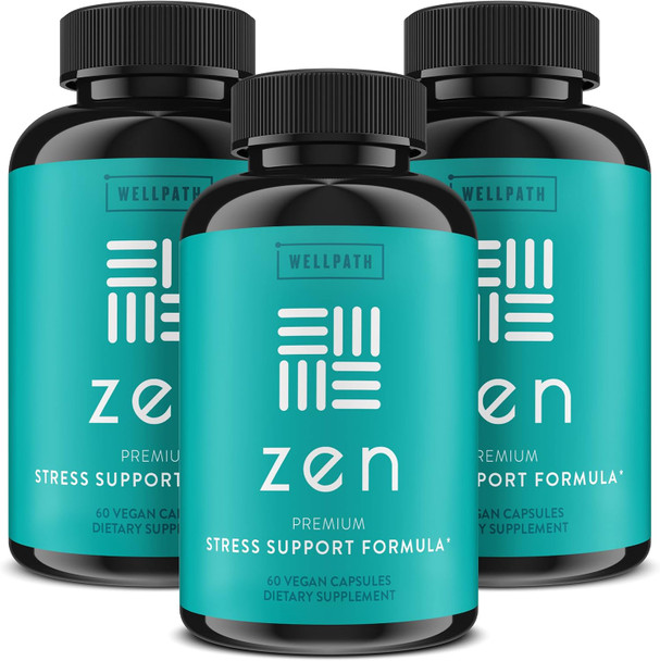 Wellpath Zen Stress Relief Supplement + Mood Support Calm, Stress & Energy Support Ashwagandha Root, Rhodiola Rosea, L-Theanine, Lemon Balm Herbal Capsules, 60 Ct