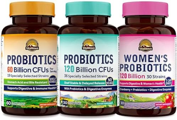 Vitalitown Probiotic Bundle (Pack Of 3) 60 Billion Cfu Probiotics, 120 Billion Cfu Probiotics & Women’S Probiotics Shelf Stable, For Gut & Vaginal, 30 Day Supply Each