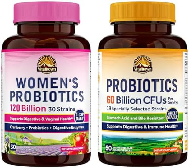 Vitalitown Probiotic Bundle (Pack Of 2) Women’S Probiotics 120 Billion (Item 1) & Probiotics 60 Billion (Item 2) Shelf Stable Digestive & Women’S Health 30 Servings Each
