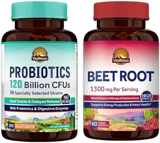 Vitalitown Probiotics 120B 30Ct Organic Beet Root 60 Capsules – 1300Mg