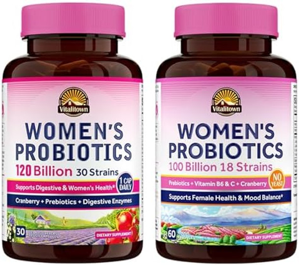 Vitalitown Probiotic Bundle (Pack Of 2) Women’S Probiotics 120 Billion (Item 1) & Women’S Probiotics 100 Billion (Item 2) 30 Capsules & 60 Capsules Vitalitown Probiotic Bundle (Pack Of 2) Women’S Probiotics 120 Billion (Item 1) & Women’S Probiotics 100 Billion (Item 2) 30 Capsules & 60 Capsules