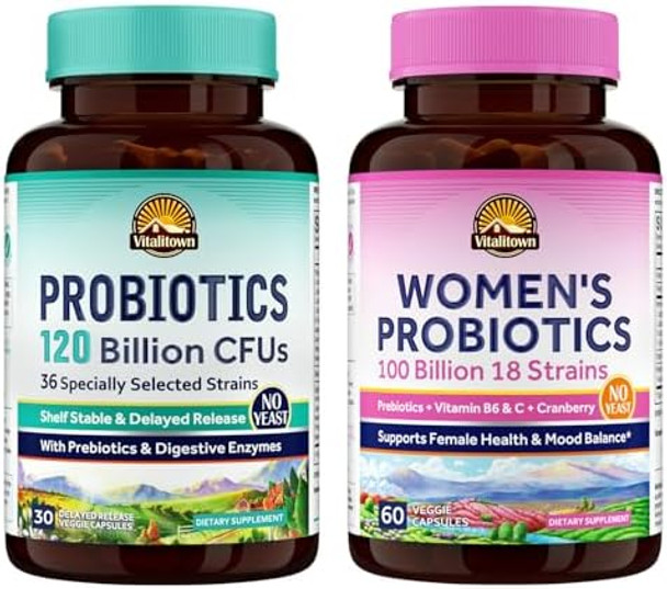 Vitalitown Probiotic Bundle (Pack Of 2) Probiotics 120 Billion Cfus (Item 1) & Women’S Probiotics P5P (Item 2) Shelf Stable Gut, Immune, Vaginal & Hormone Health