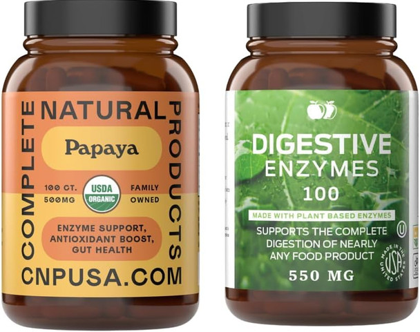Complete Natural Products Organic Papaya Enzymes 100 Capsules & Digestive Enzymes 100 Capsules Bundle