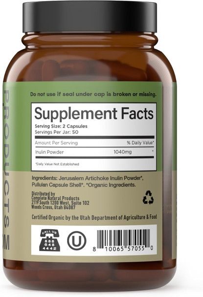 Complete Natural Products Organic Inulin Capsules - 520Mg 100 Pills, Organic Jerusalem Artichoke Inulin Capsules